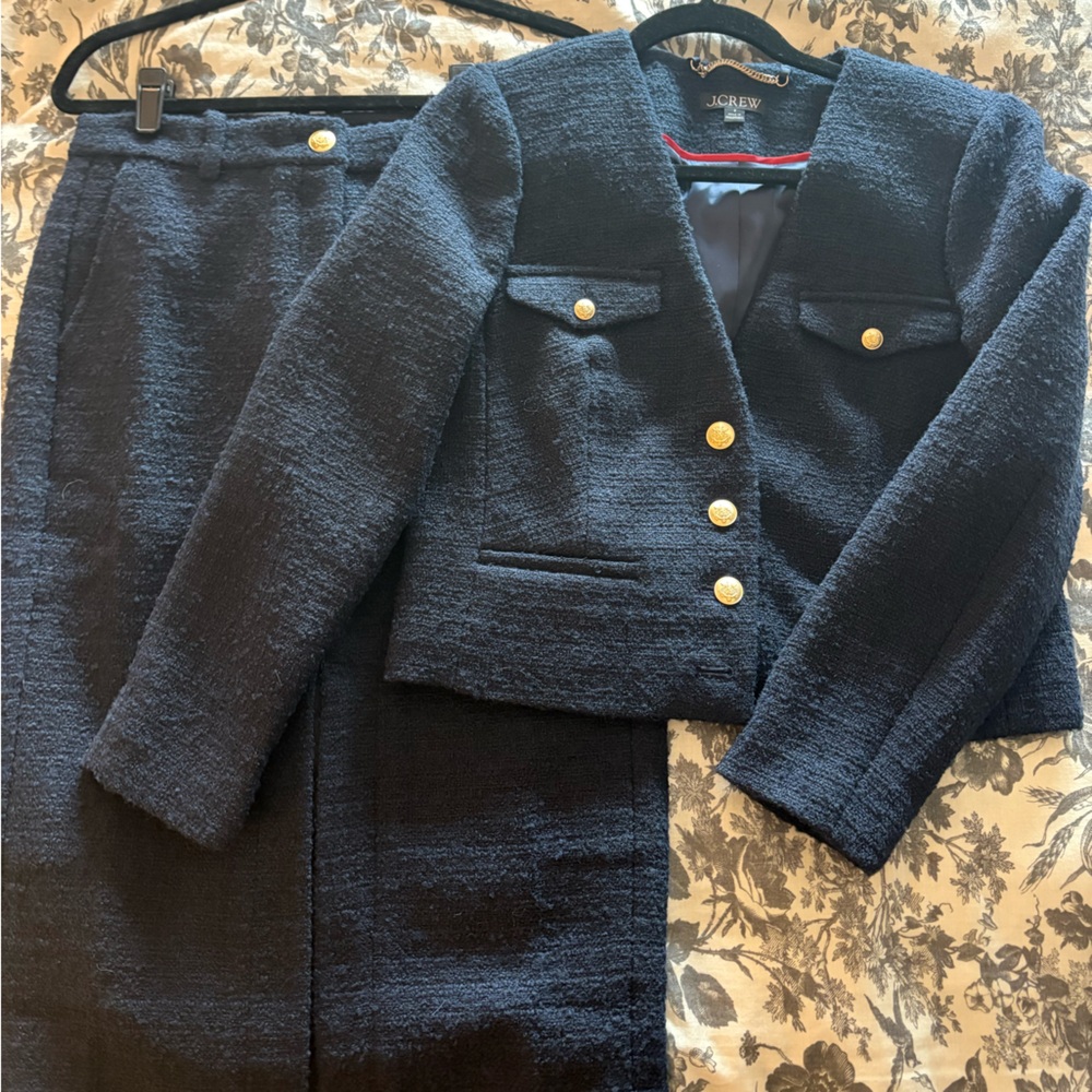 J. Crew Navy Suit, pencil skirt and cropped jacket, gold buttons. Never worn!